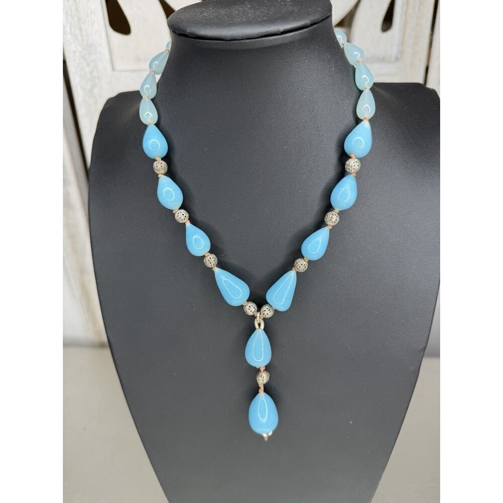 Vintage Robins Egg Blue Glass Bead Drop Necklace Hand Knotted Dangle